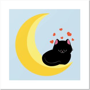 Black cat sit on crescent moon Posters and Art